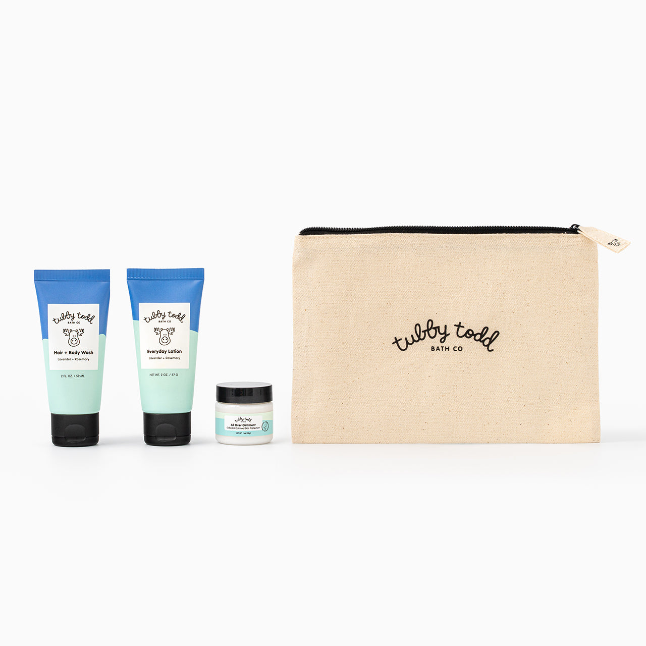 The Lavender Rosemary 2oz Hair + Body + Wash, Everyday Lotion tubes, 1oz All Over Ointment OTC jar, and the canvas travel bag standing on the white background.